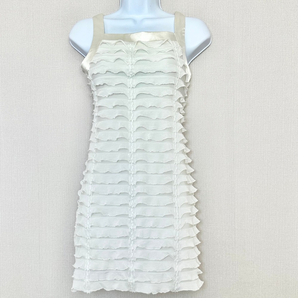 VTG Y2K Off White Cream Tiered Ruffle Dress Satin Trim Girls 12